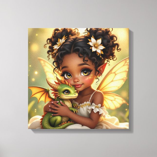 Cute Anime Fairy Girl and Chibi Dragon Canvas Print (Front)