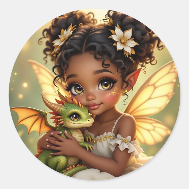 Cute Anime Fairy Girl and Chibi Dragon Classic Round Sticker (Front)