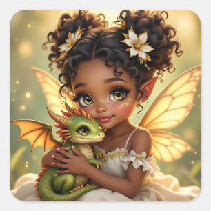 Cute Anime Fairy Girl and Chibi Dragon Square Sticker