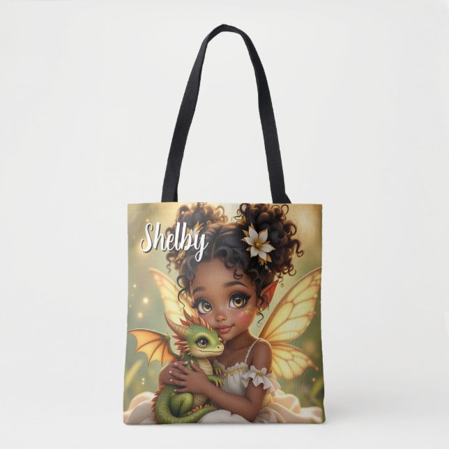 Cute Anime Fairy Girl and Chibi Dragon Tote Bag (Front)