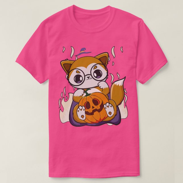 Cute Anime Fox Holds Kawaii Pumpkin For Halloween  T-Shirt (Design Front)