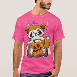 Cute Anime Fox Holds Kawaii Pumpkin For Halloween  T-Shirt