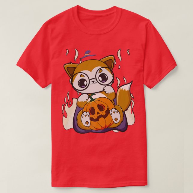Cute Anime Fox Holds Kawaii Pumpkin For Halloween  T-Shirt (Design Front)