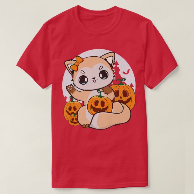 Cute Anime Fox With Kawaii Pumpkin For Halloween P T-Shirt (Design Front)