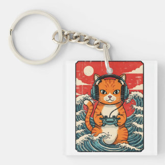 Cute Anime Gamer Cat Japanese Gaming Retro Key Ring