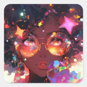 Cute Anime Girl African American Art Square Sticker