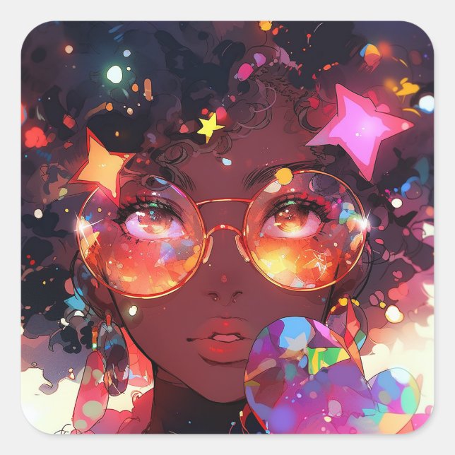 Cute Anime Girl African American Art Square Sticker (Front)