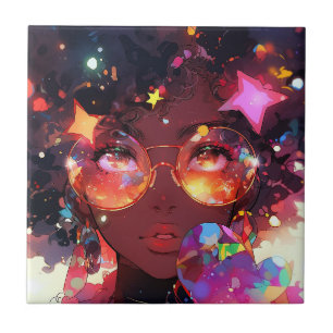Cute Anime Girl African American Art Tile
