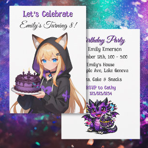 Cute Anime Girl and Dragon Girl's Birthday Party Invitation