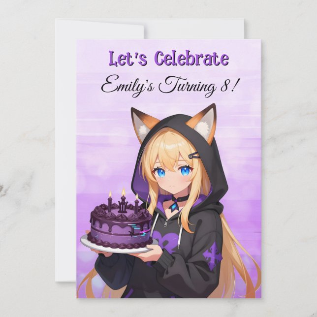 Cute Anime Girl and Dragon Girl's Birthday Party Invitation (Front)