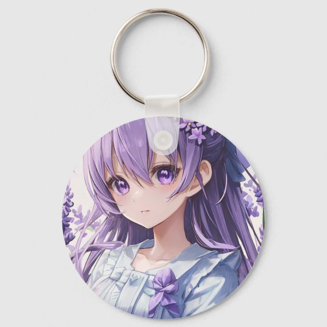 Cute Anime Girl And Lavender Key Ring (Front)