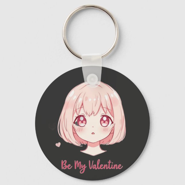 Cute Anime Girl - Be My Valentine T-Shirt Key Ring (Front)