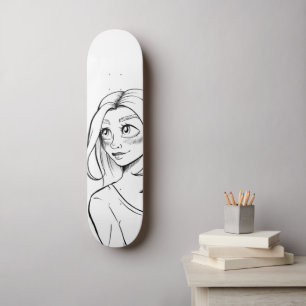 Cute Anime Girl Black White Illustration  Skateboard