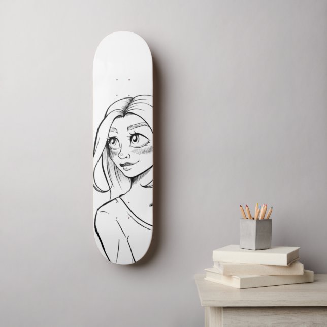 Cute Anime Girl Black White Illustration  Skateboard (Wall Art)