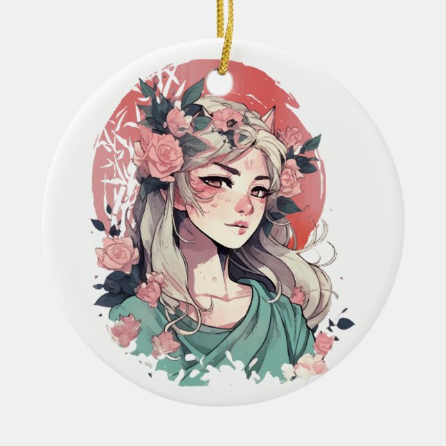 Cute Anime Girl Ceramic Tree Decoration (Front)