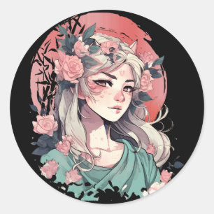 Cute Anime Girl Classic Round Sticker