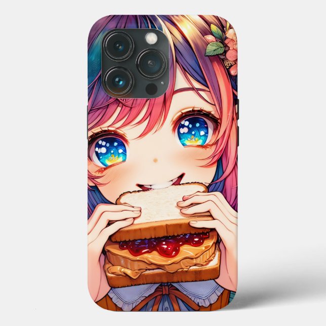 Cute Anime Girl eating a Peanut Butter and Jelly Case-Mate iPhone Case (Back)