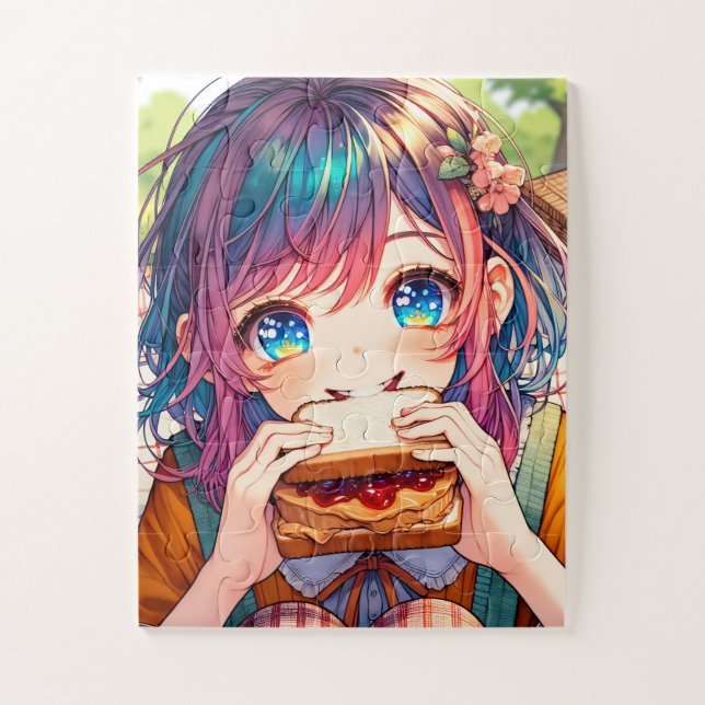 Cute Anime Girl eating a Peanut Butter and Jelly Jigsaw Puzzle (Vertical)