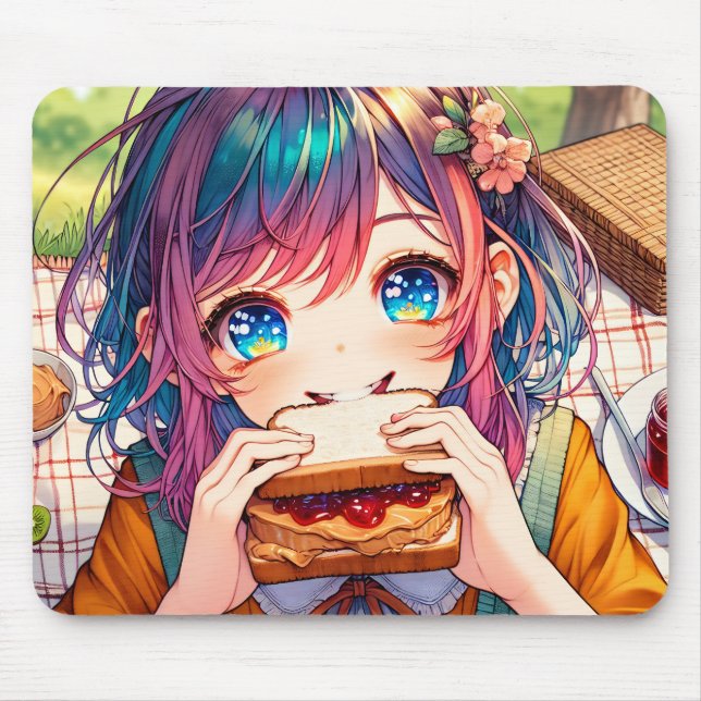 Cute Anime Girl eating a Peanut Butter and Jelly Mouse Mat (Front)