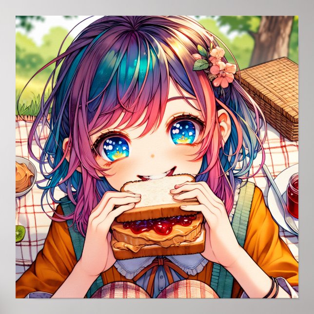 Cute Anime Girl eating a Peanut Butter and Jelly Poster (Front)