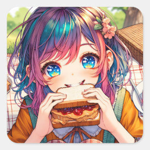 Cute Anime Girl eating a Peanut Butter and Jelly Square Sticker