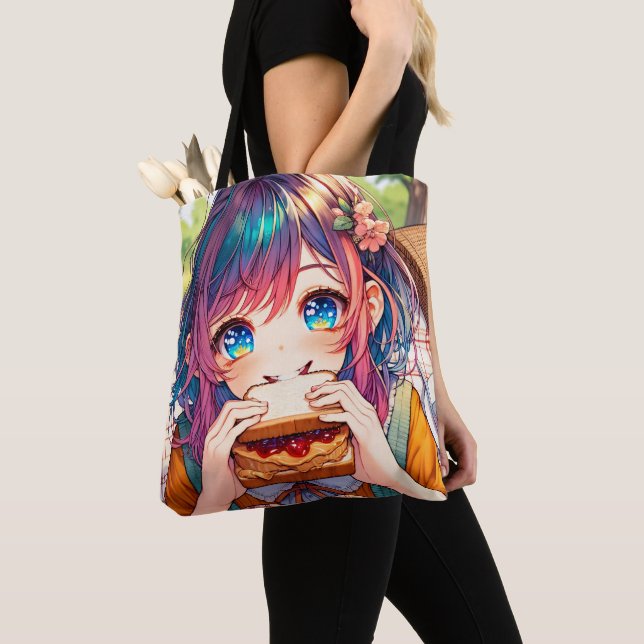 Cute Anime Girl eating a Peanut Butter and Jelly Tote Bag (Close Up)