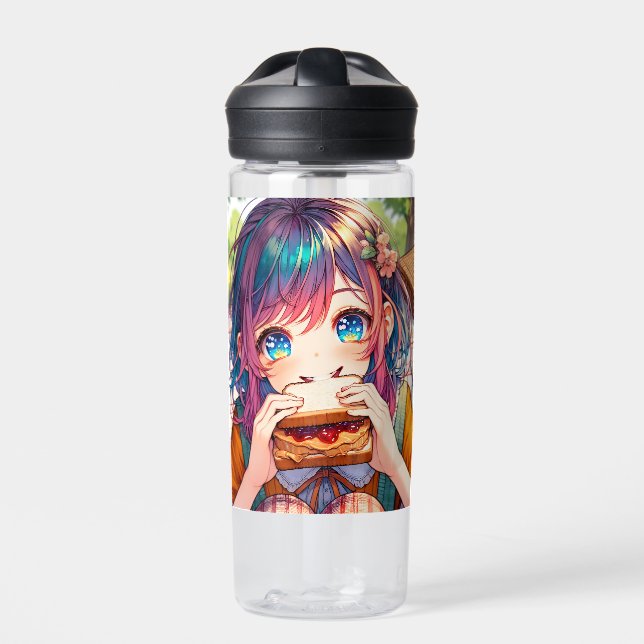 Cute Anime Girl eating a Peanut Butter and Jelly Water Bottle (Front)