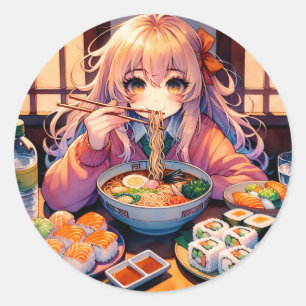 Cute Anime Girl Eating Ramen and Sushi Classic Round Sticker
