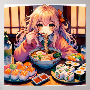 Cute Anime Girl Eating Ramen and Sushi Poster