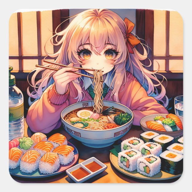 Cute Anime Girl Eating Ramen and Sushi Square Sticker (Front)