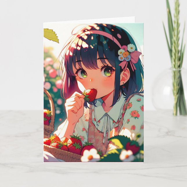 Cute Anime Girl Eating Strawberries Birthday  Card (Front)