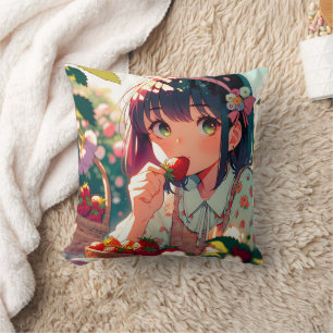 Cute Anime Girl Eating Strawberries   Cushion