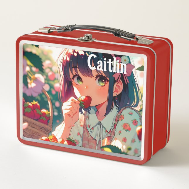 Cute Anime Girl Eating Strawberries   Metal Lunch Box (Front)