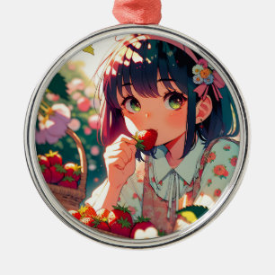 Cute Anime Girl Eating Strawberries Metal Tree Decoration