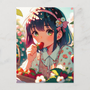 Cute Anime Girl Eating Strawberries Postcard