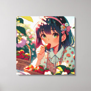 Cute Anime Girl Eating Strawberries   Summer Day Canvas Print
