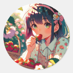 Cute Anime Girl Eating Strawberries   Summer Day Classic Round Sticker
