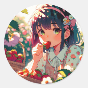 Cute Anime Girl Eating Strawberries Summer Day Classic Round Sticker
