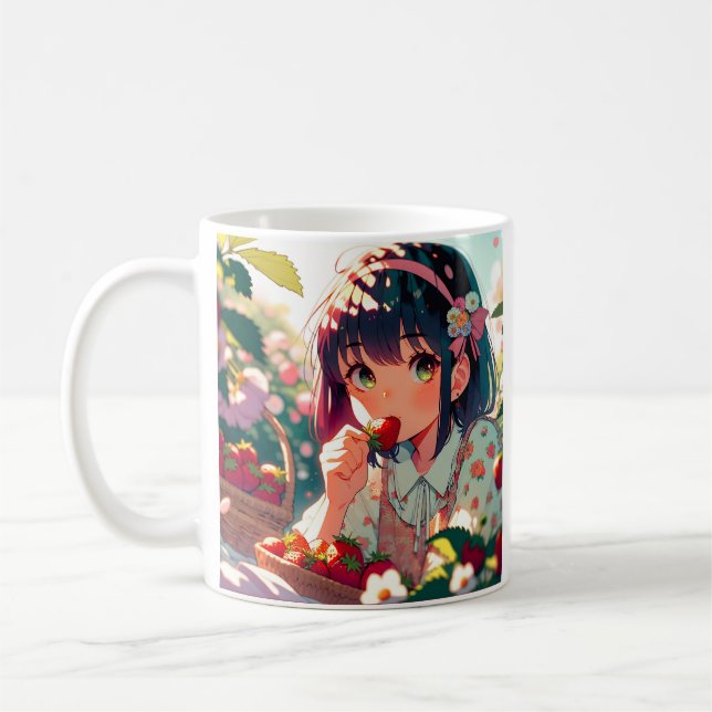 Cute Anime Girl Eating Strawberries | Summer Day Coffee Mug (Left)