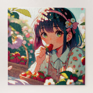 Cute Anime Girl Eating Strawberries Summer Day Jigsaw Puzzle