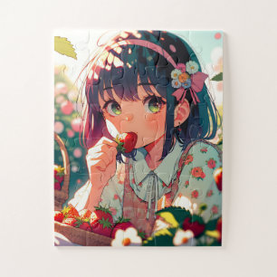 Cute Anime Girl Eating Strawberries Summer Day Jigsaw Puzzle