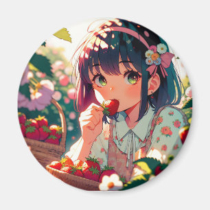 Cute Anime Girl Eating Strawberries   Summer Day Magnet