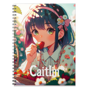 Cute Anime Girl Eating Strawberries   Summer Day Notebook
