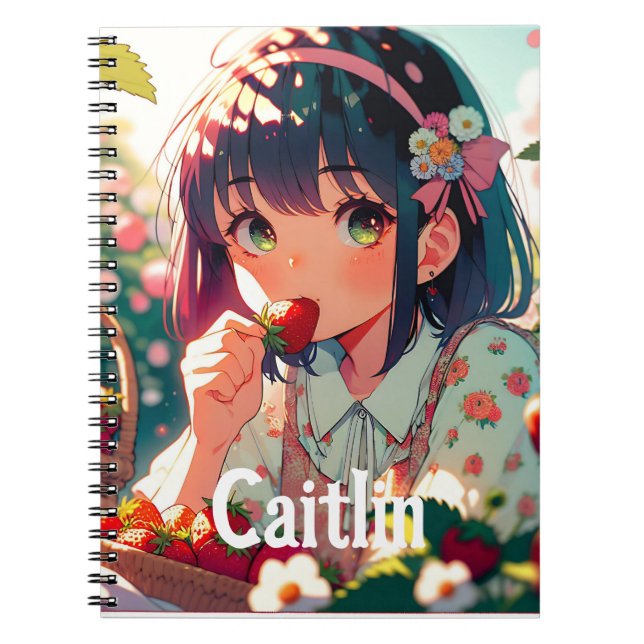 Cute Anime Girl Eating Strawberries | Summer Day Notebook (Front)