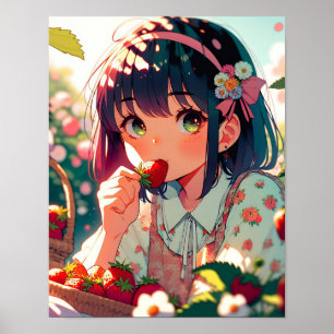 Cute Anime Girl Eating Strawberries   Summer Day Poster