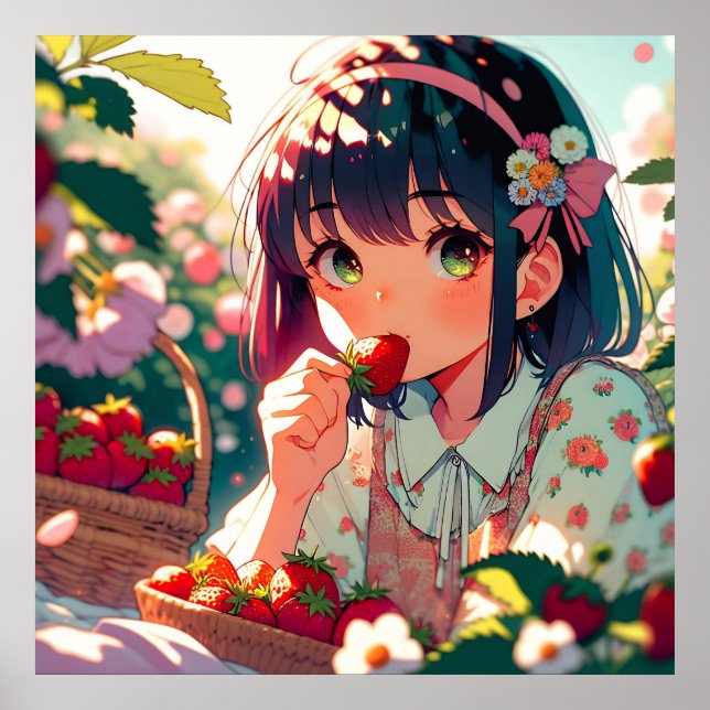 Cute Anime Girl Eating Strawberries | Summer Day Poster (Front)