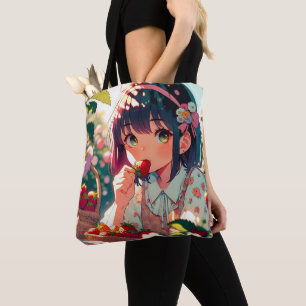 Cute Anime Girl Eating Strawberries   Summer Day Tote Bag