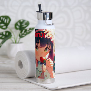 Cute Anime Girl Eating Strawberries   Summer Day Water Bottle