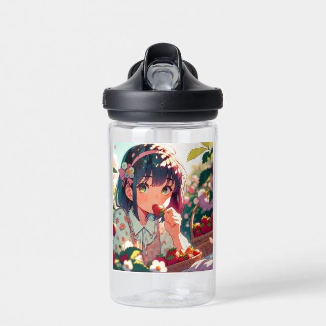 Cute Anime Girl Eating Strawberries | Summer Day Water Bottle (Front)
