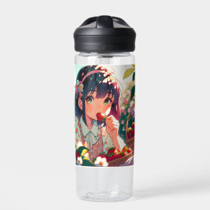 Cute Anime Girl Eating Strawberries   Summer Day Water Bottle